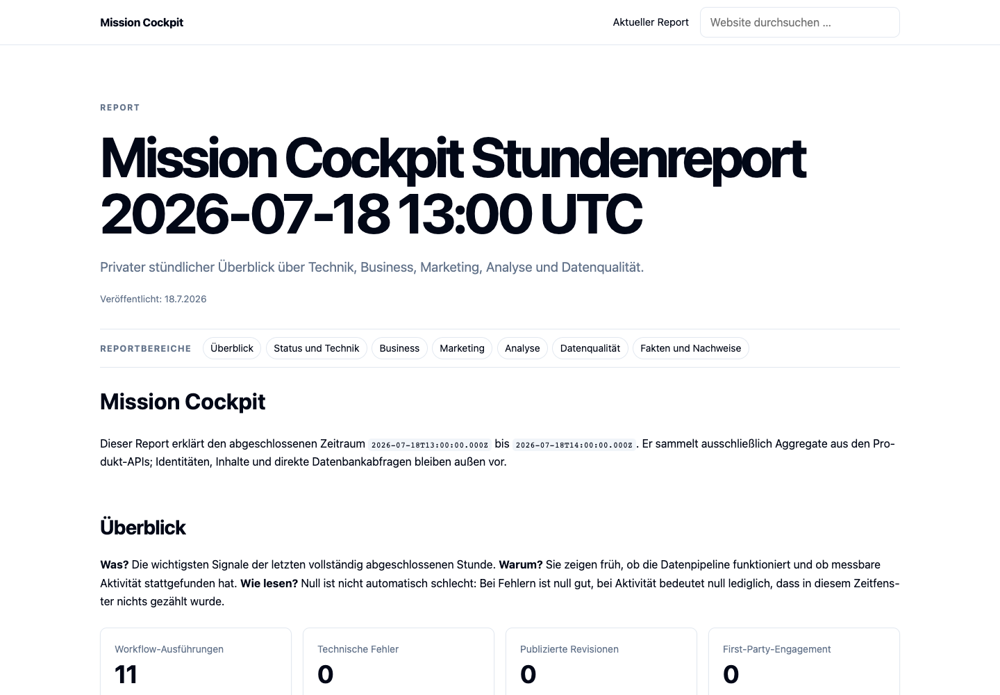 Einstieg in einen Stundenreport mit Bereichsnavigation und Lesehilfe
